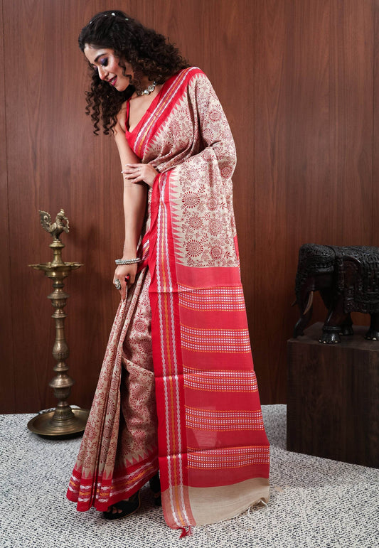 Off White Tussar Pure Silk Saree with Blouse Piece - Adi Akshoy & Co.