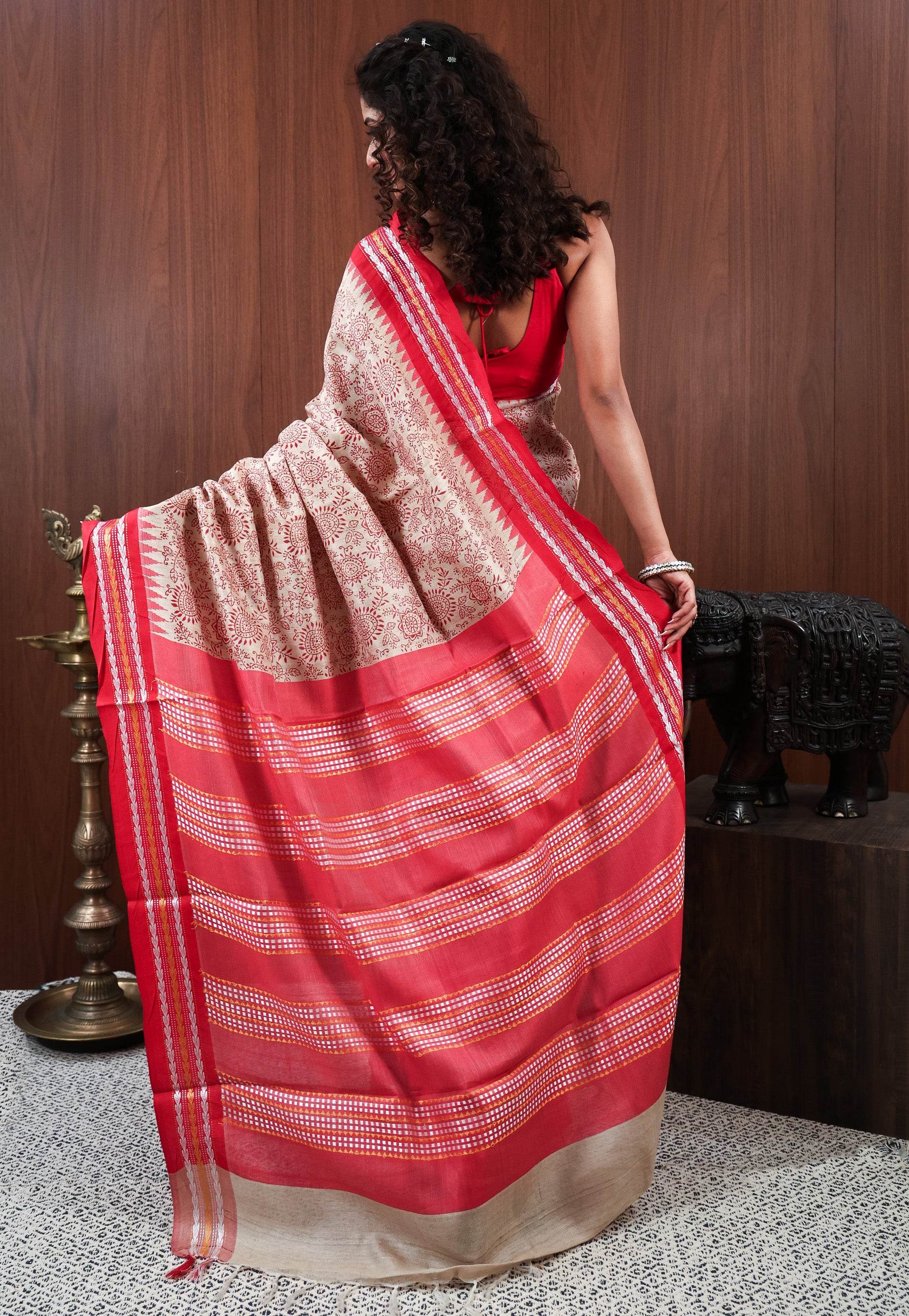 Off White Tussar Pure Silk Saree with Blouse Piece - Adi Akshoy & Co.