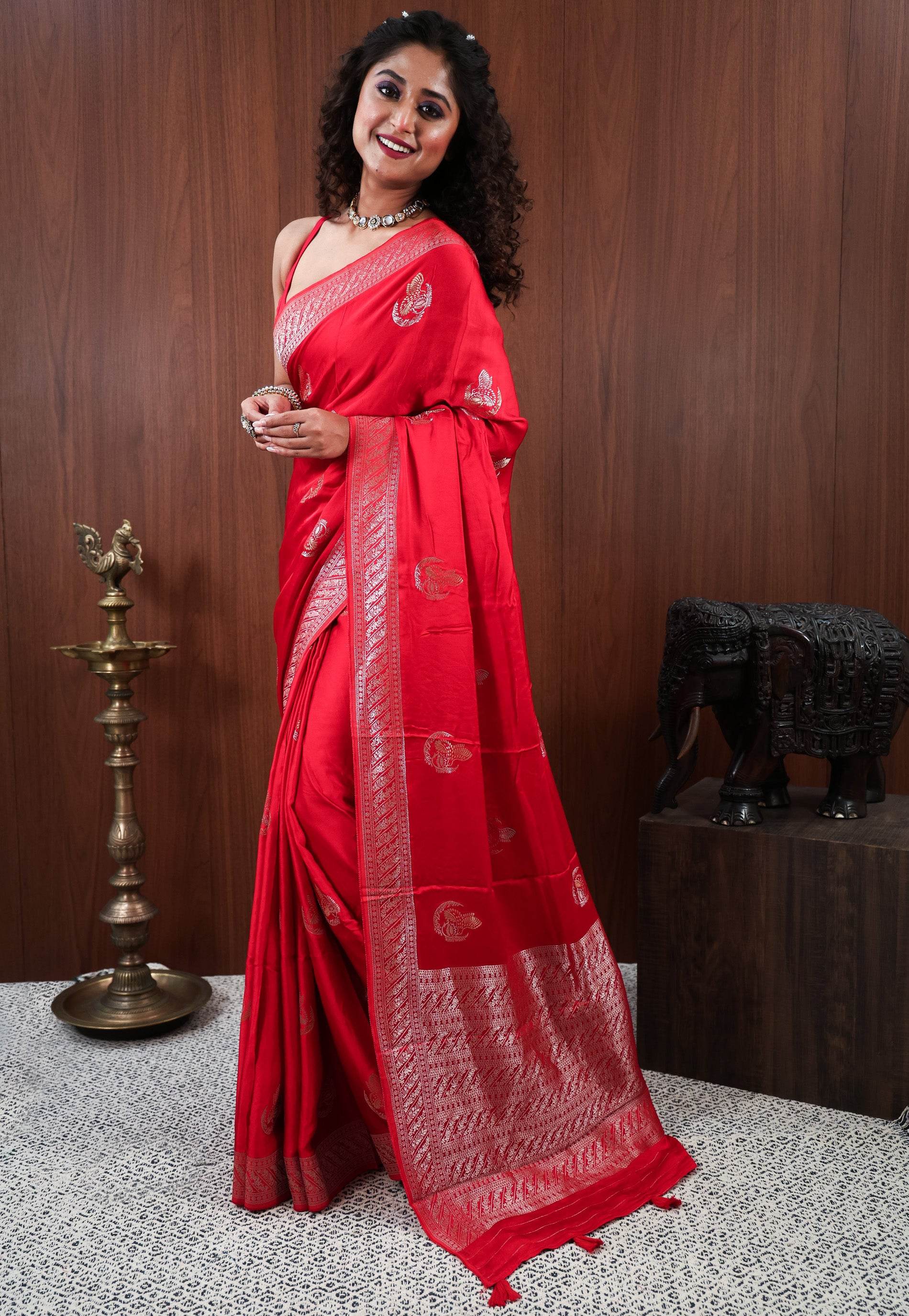 Red Mashru Silk Saree with Blouse Piece - Adi Akshoy & Co.