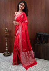 Red Mashru Silk Saree with Blouse Piece - Adi Akshoy & Co.