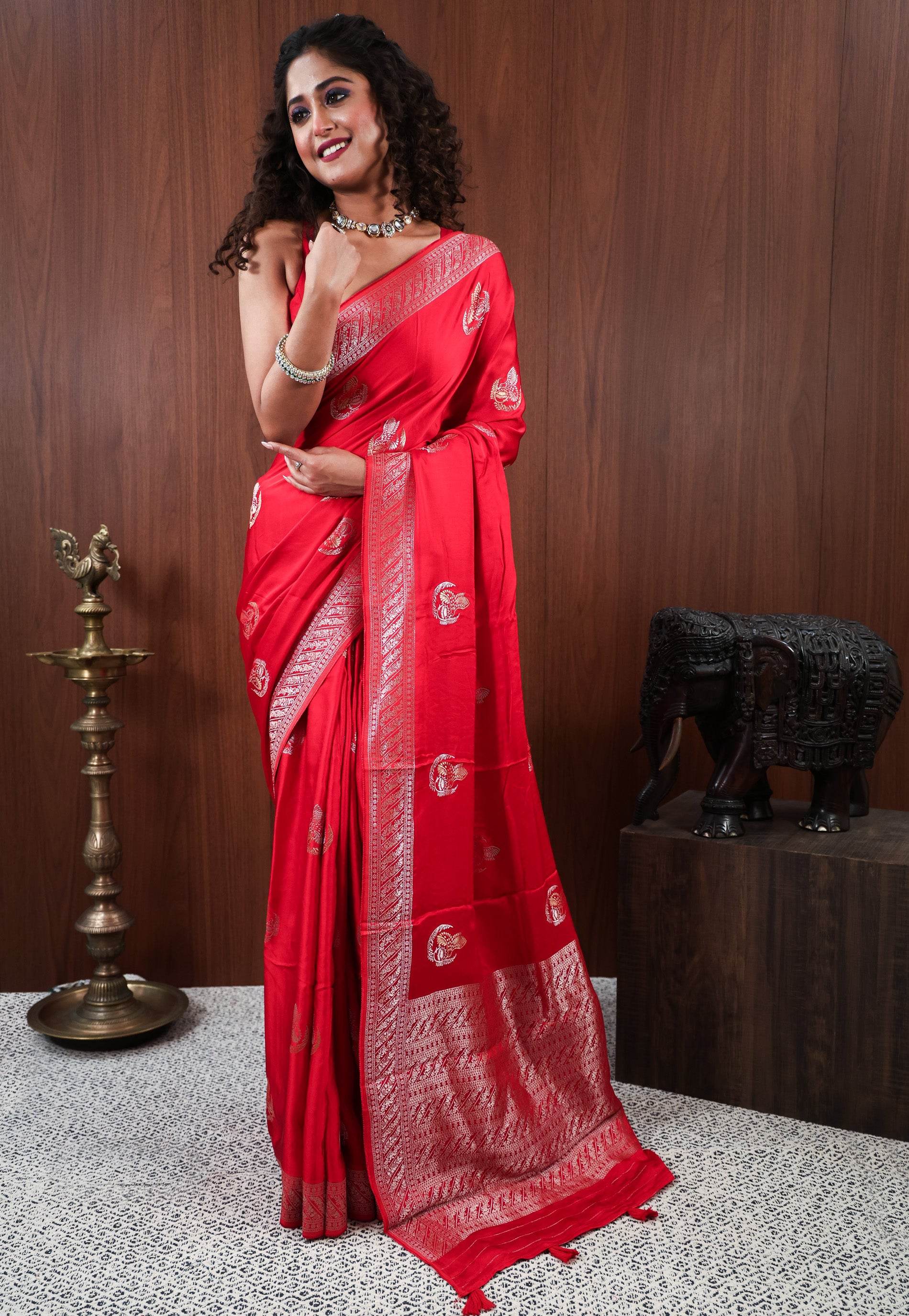 Red Mashru Silk Saree with Blouse Piece - Adi Akshoy & Co.