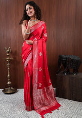 Red Mashru Silk Saree with Blouse Piece - Adi Akshoy & Co.