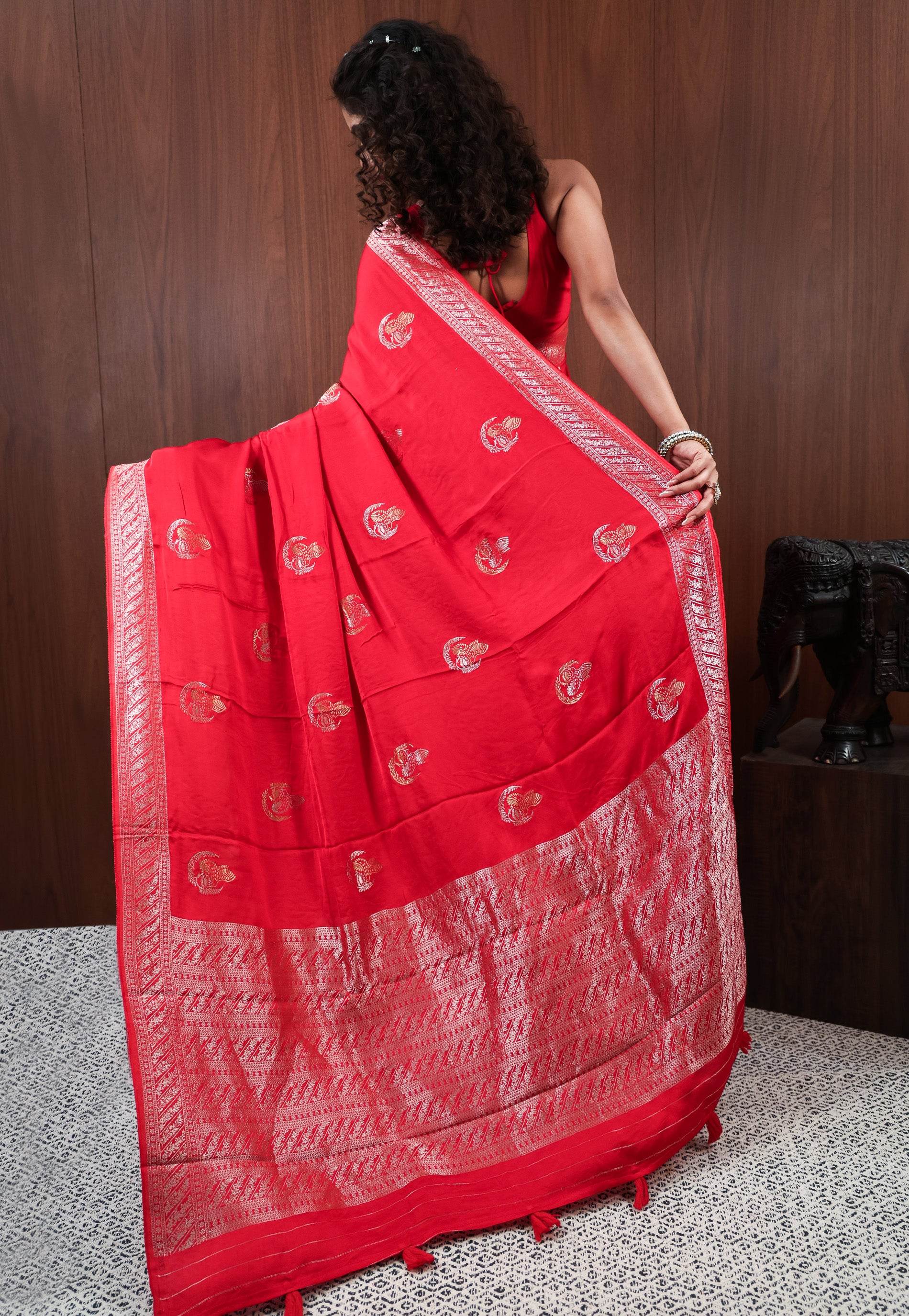 Red Mashru Silk Saree with Blouse Piece - Adi Akshoy & Co.