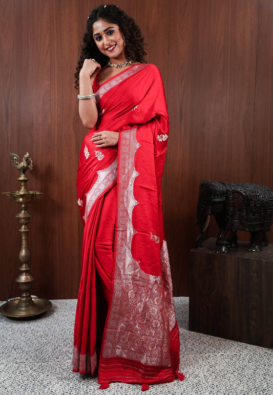 Red Mashru Silk Saree with Blouse Piece - Adi Akshoy & Co.