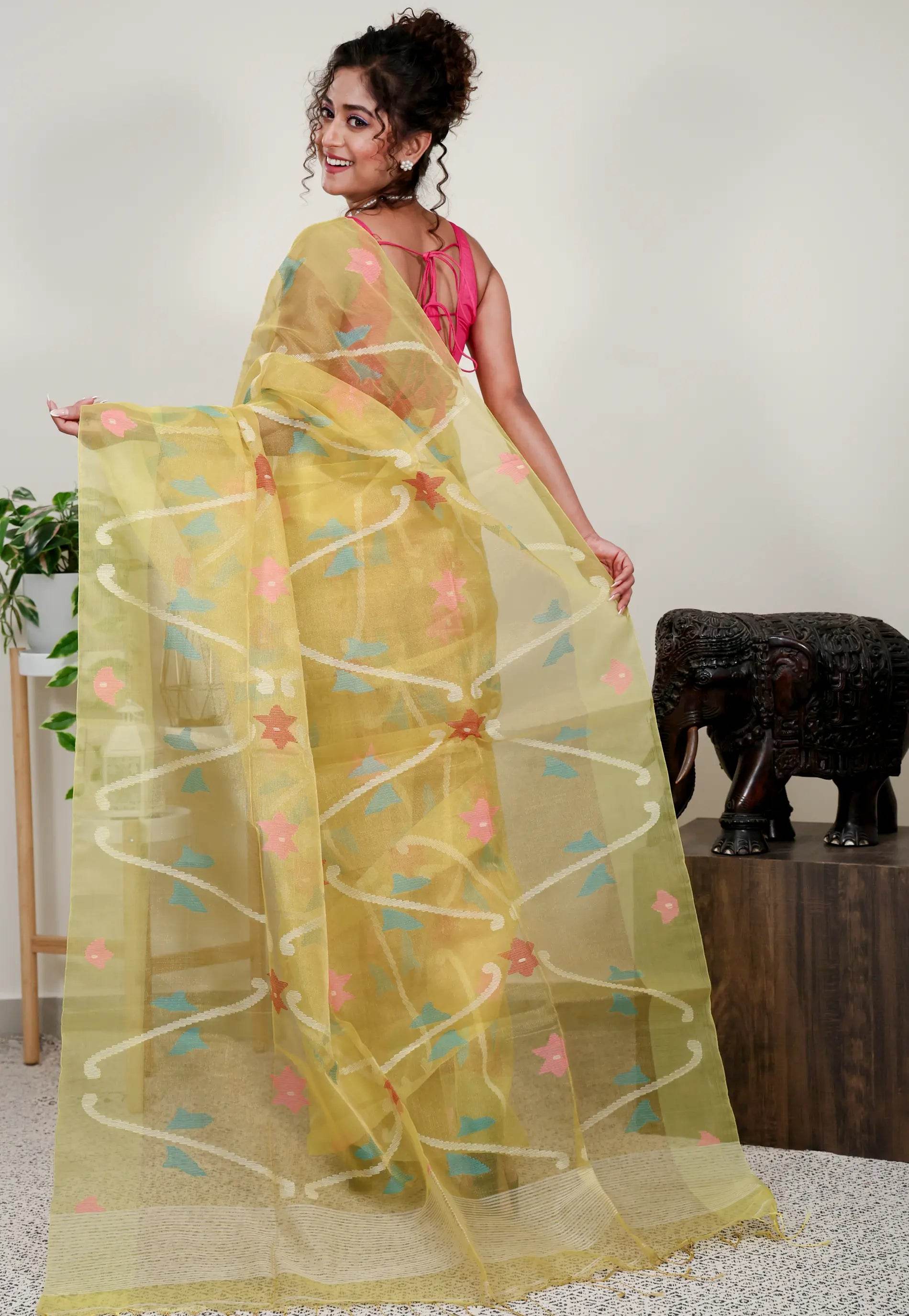 Yellow Kora Saree With Blouse Piece - Adi Akshoy & Co.