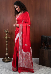 Red Mashru Silk Saree with Blouse Piece - Adi Akshoy & Co.