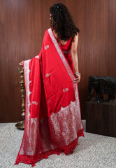 Red Mashru Silk Saree with Blouse Piece - Adi Akshoy & Co.