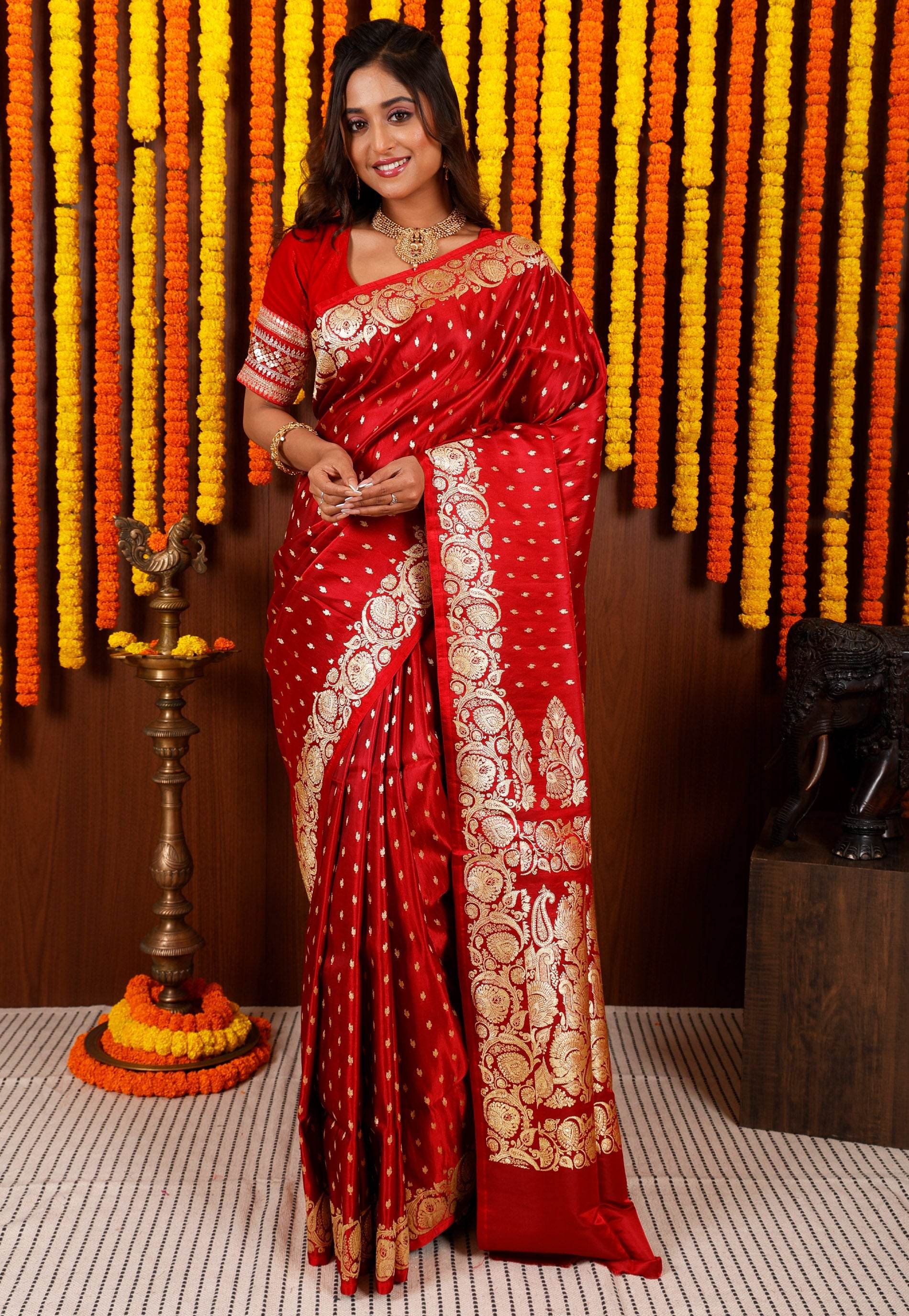 Maroon Wedding Banarasi Silk Saree with Blouse Piece - Adi Akshoy & Co.