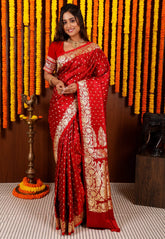 Maroon Wedding Banarasi Silk Saree with Blouse Piece - Adi Akshoy & Co.