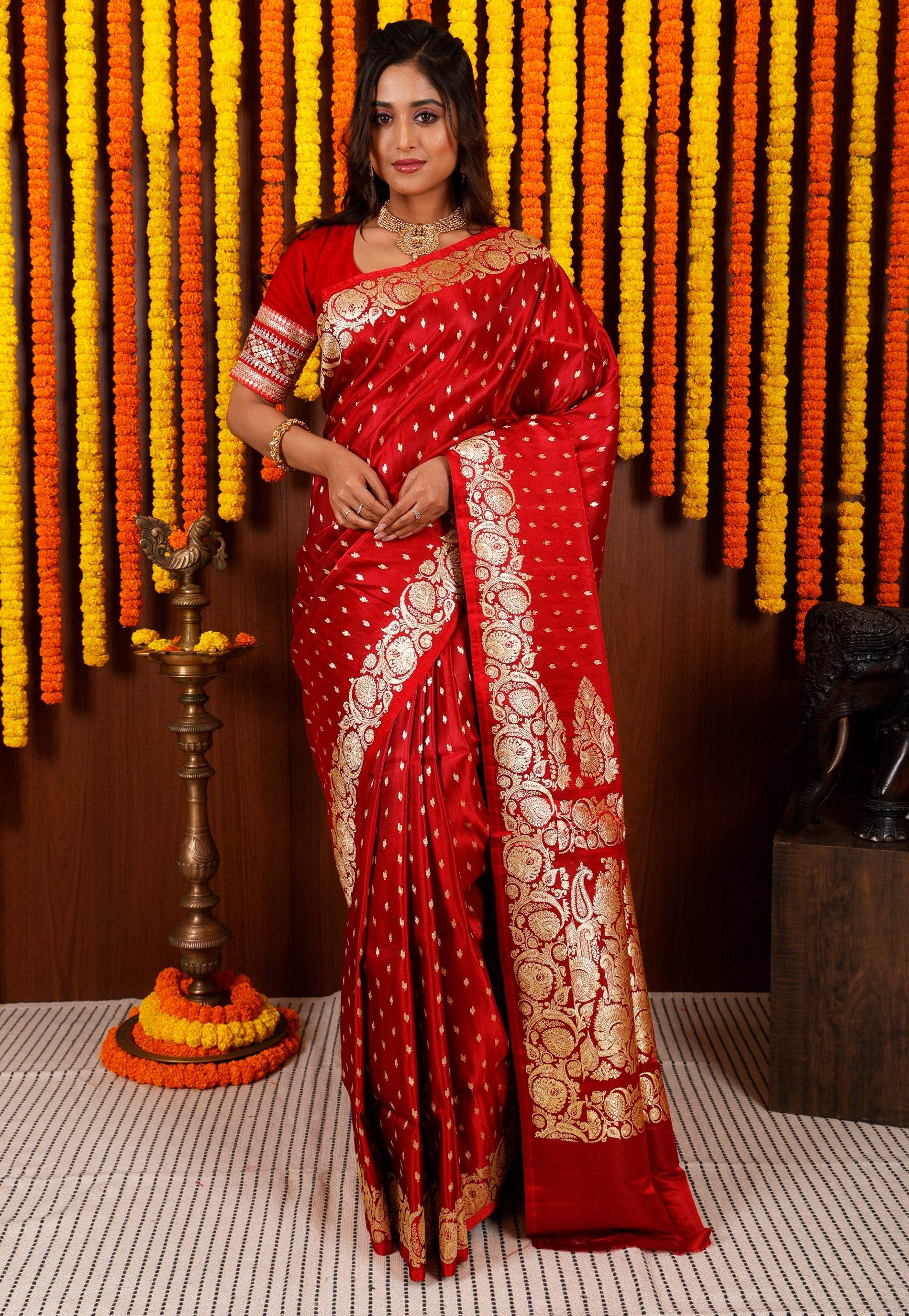 Maroon Wedding Banarasi Silk Saree with Blouse Piece - Adi Akshoy & Co.