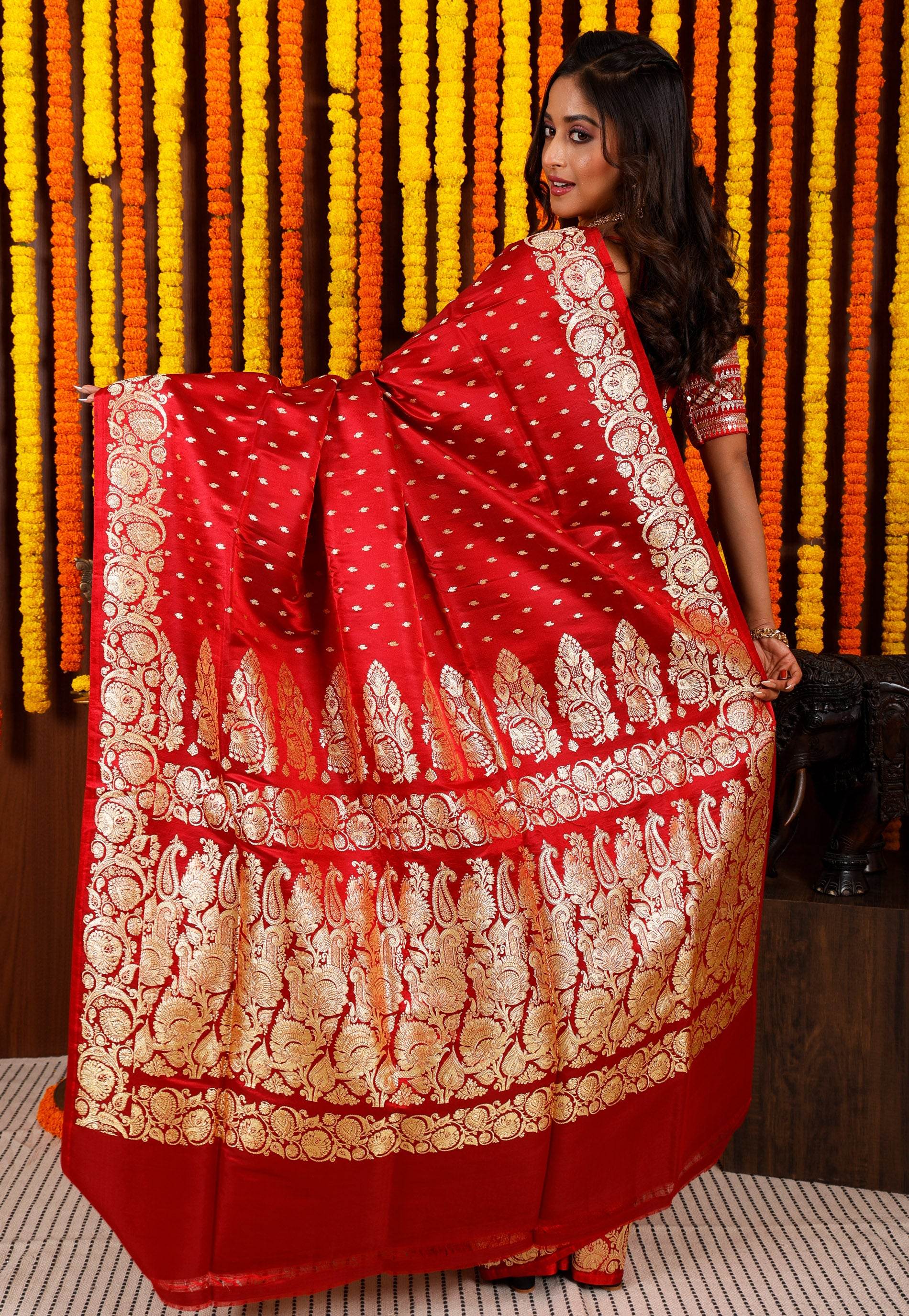 Maroon Wedding Banarasi Silk Saree with Blouse Piece - Adi Akshoy & Co.