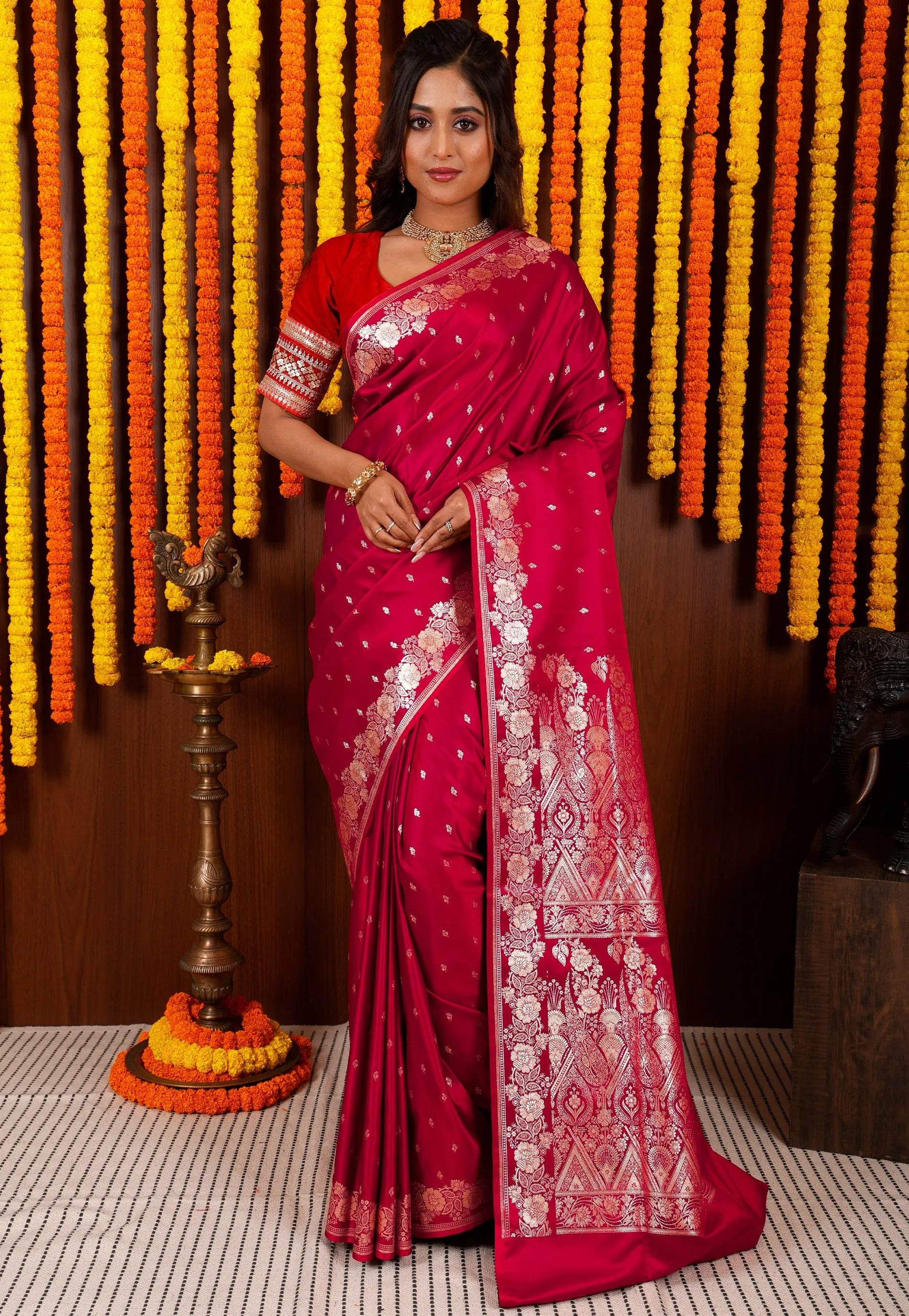 Dual Shades of Magenta and Red Wedding Banarasi Silk Saree with Blouse Piece - Adi Akshoy & Co.