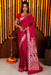 Dual Shades of Magenta and Red Wedding Banarasi Silk Saree with Blouse Piece - Adi Akshoy & Co.