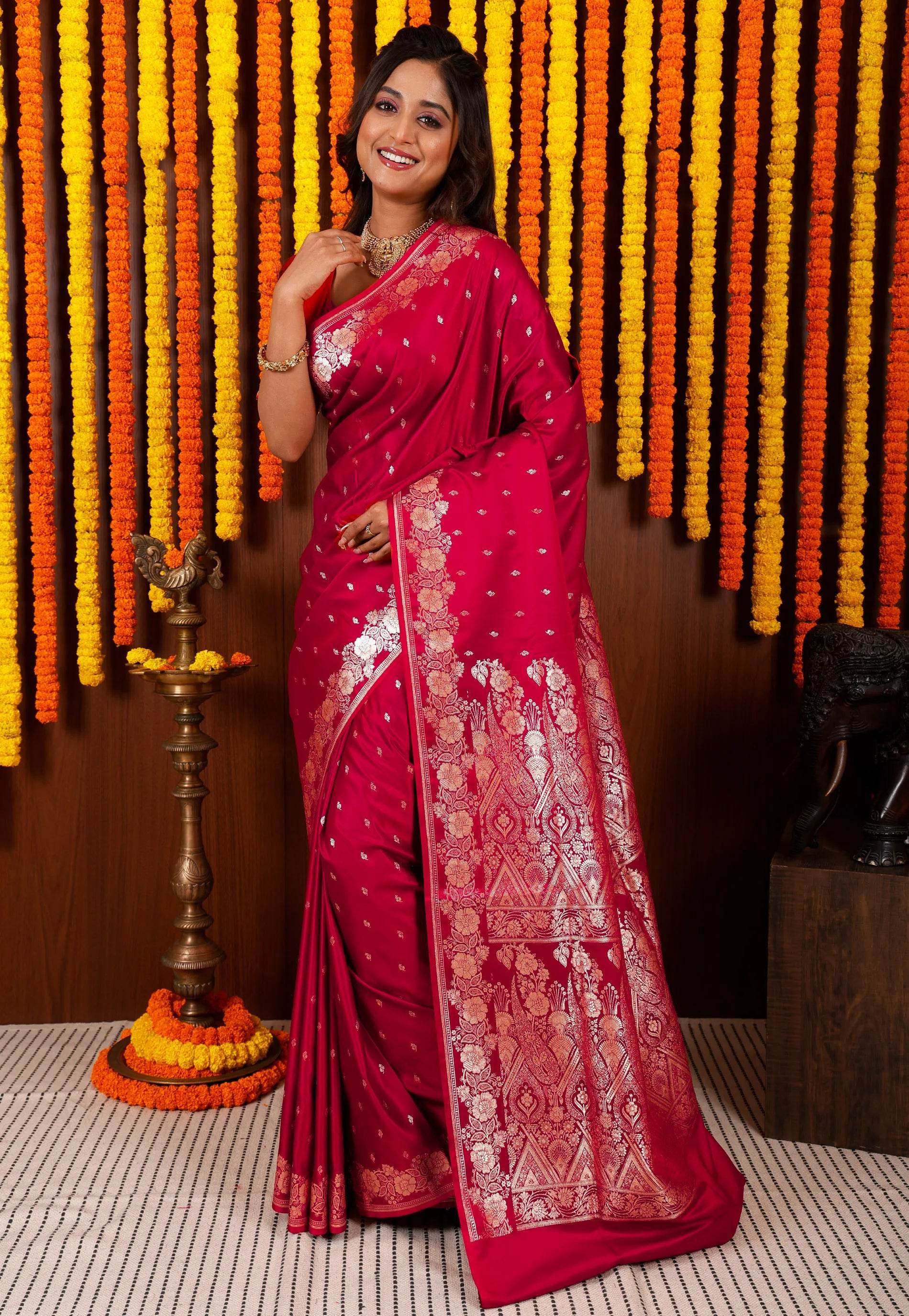 Dual Shades of Magenta and Red Wedding Banarasi Silk Saree with Blouse Piece - Adi Akshoy & Co.
