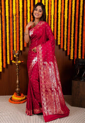 Dual Shades of Magenta and Red Wedding Banarasi Silk Saree with Blouse Piece - Adi Akshoy & Co.