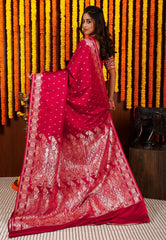 Dual Shades of Magenta and Red Wedding Banarasi Silk Saree with Blouse Piece - Adi Akshoy & Co.