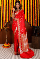 Red Wedding Banarasi Silk Saree with Blouse Piece - Adi Akshoy & Co.