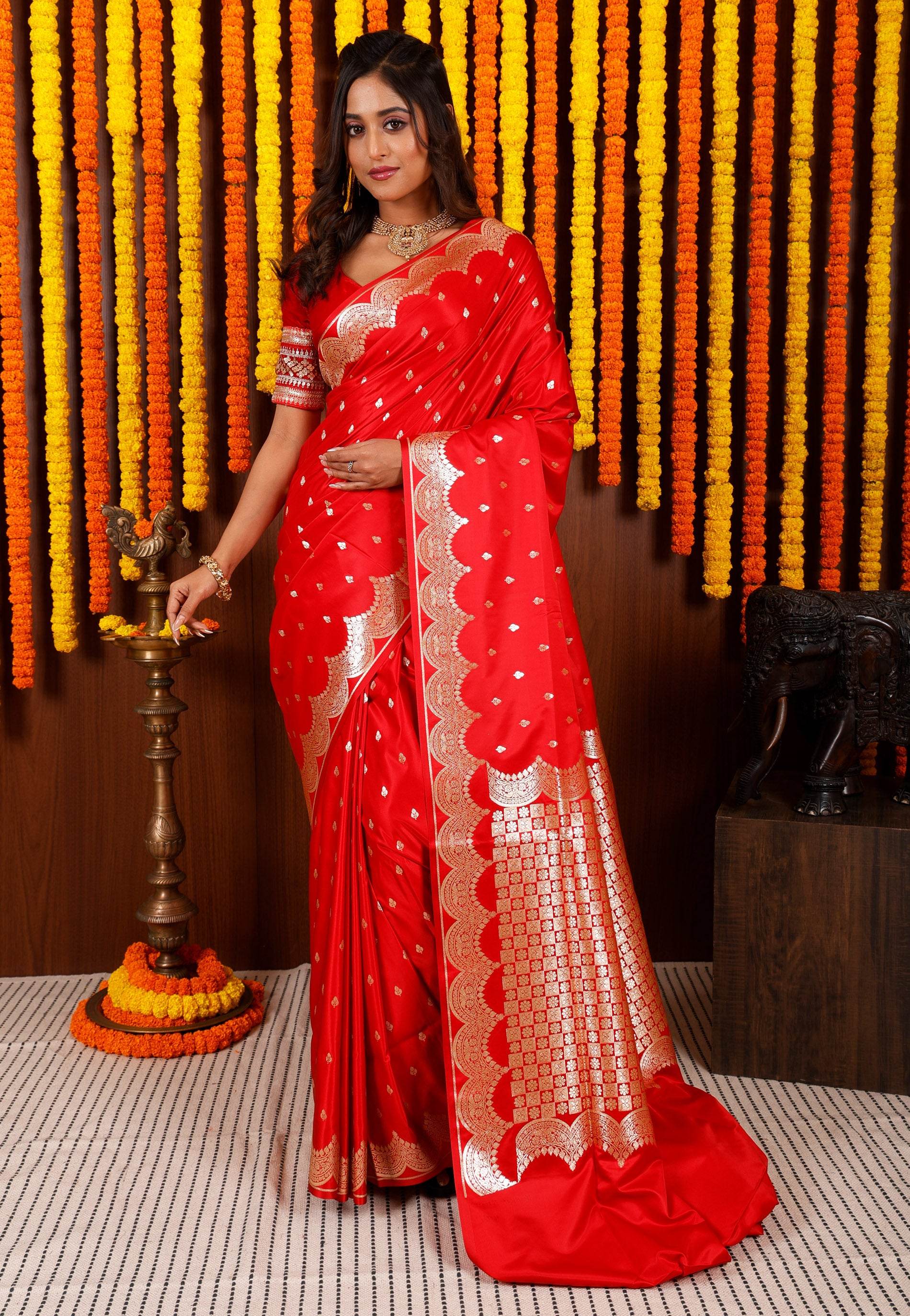 Red Wedding Banarasi Silk Saree with Blouse Piece - Adi Akshoy & Co.