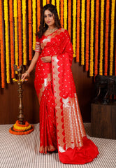Red Wedding Banarasi Silk Saree with Blouse Piece - Adi Akshoy & Co.