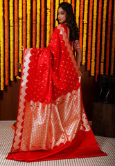 Red Wedding Banarasi Silk Saree with Blouse Piece - Adi Akshoy & Co.
