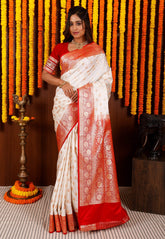 Off White with Red Korial Banarasi Silk Saree With Blouse Piece - Adi Akshoy & Co.