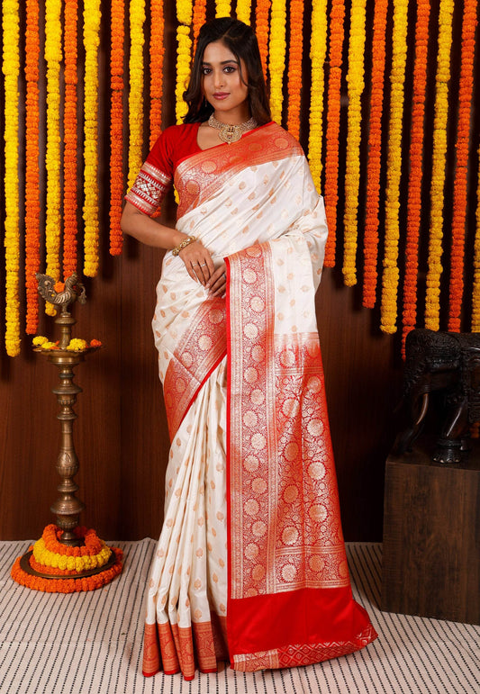Off White with Red Korial Banarasi Silk Saree With Blouse Piece - Adi Akshoy & Co.