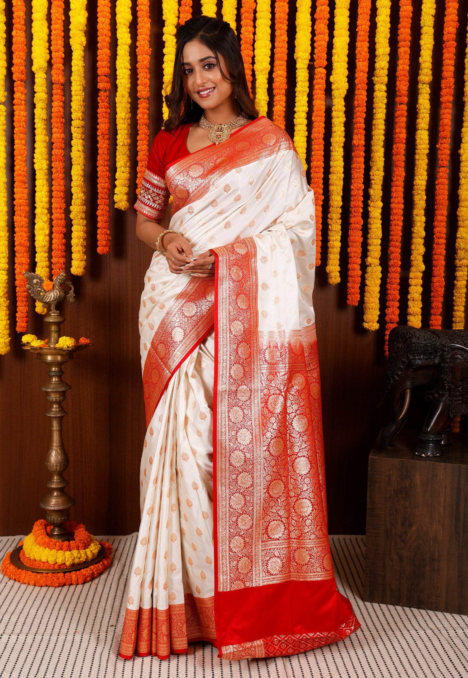 Off White with Red Korial Banarasi Silk Saree With Blouse Piece - Adi Akshoy & Co.