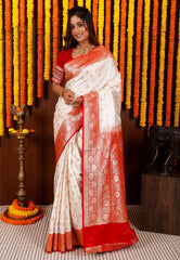 Off White with Red Korial Banarasi Silk Saree With Blouse Piece - Adi Akshoy & Co.