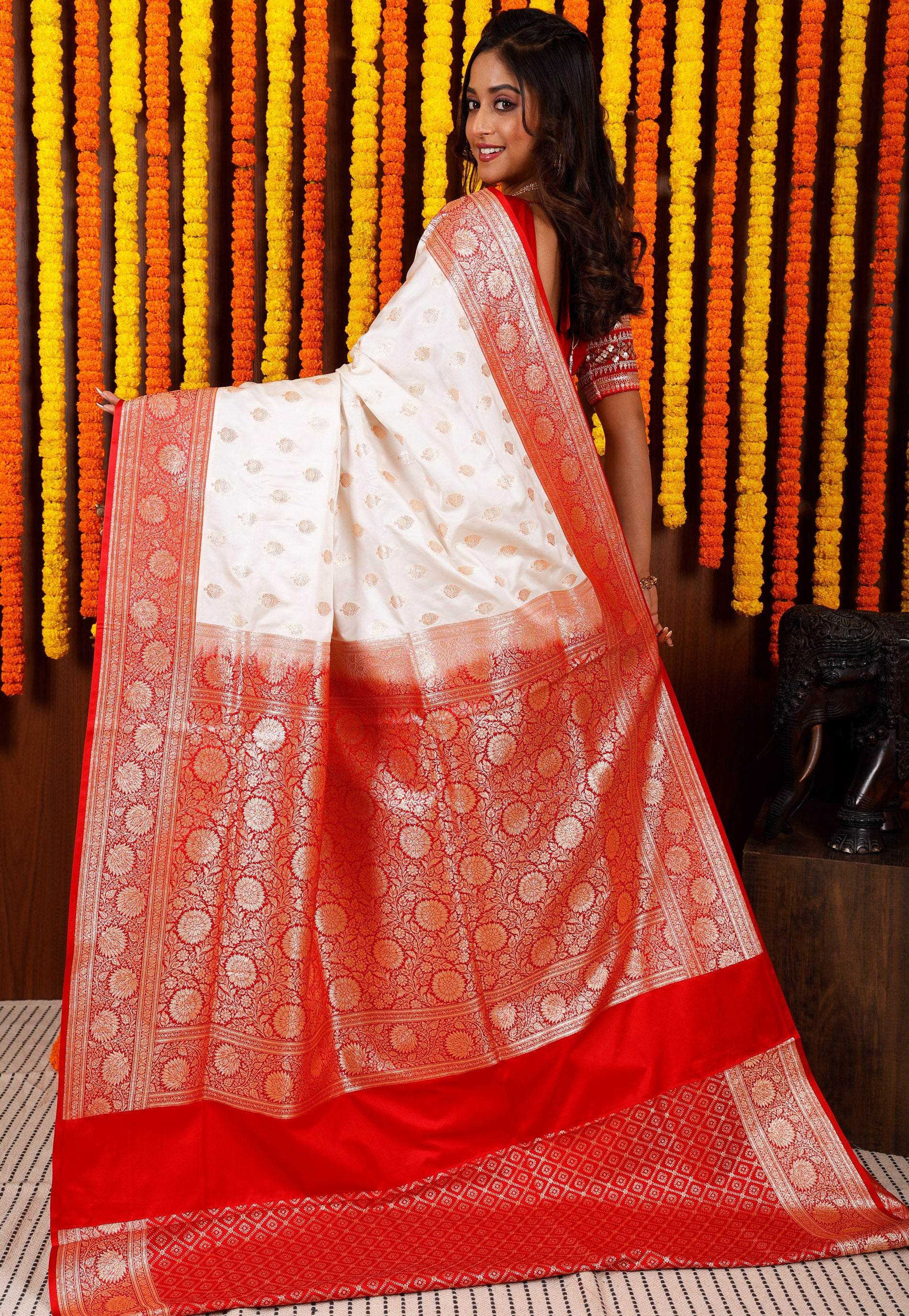 Off White with Red Korial Banarasi Silk Saree With Blouse Piece - Adi Akshoy & Co.