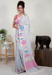 Grey Handloom Saree With Blouse Piece - Adi Akshoy & Co.