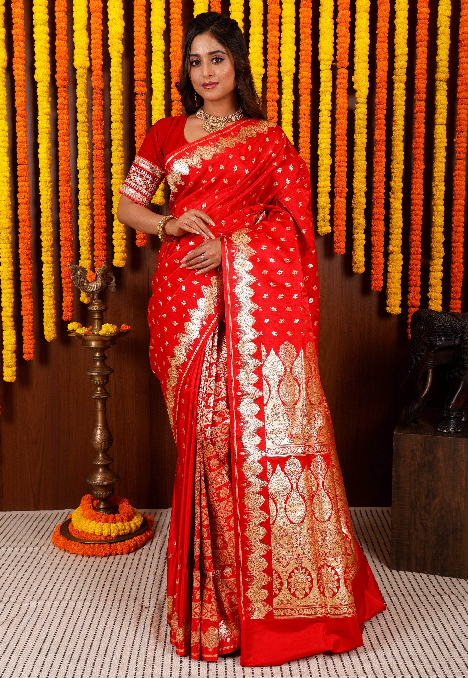 Red Wedding Banarasi Silk Saree with Blouse Piece - Adi Akshoy & Co.