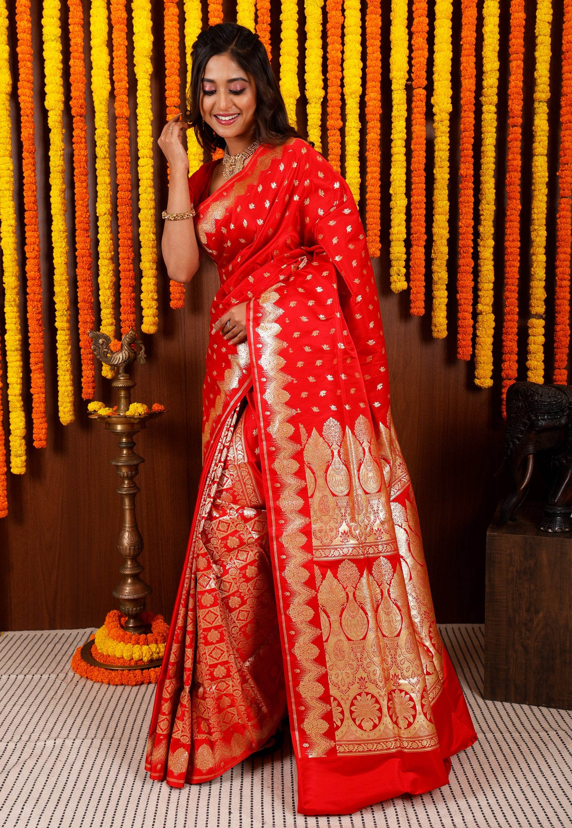 Red Wedding Banarasi Silk Saree with Blouse Piece - Adi Akshoy & Co.