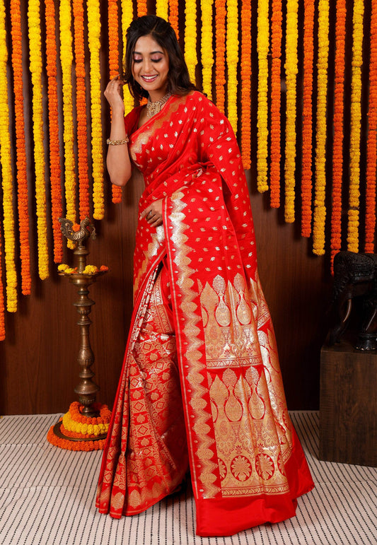 Red Wedding Banarasi Silk Saree with Blouse Piece - Adi Akshoy & Co.