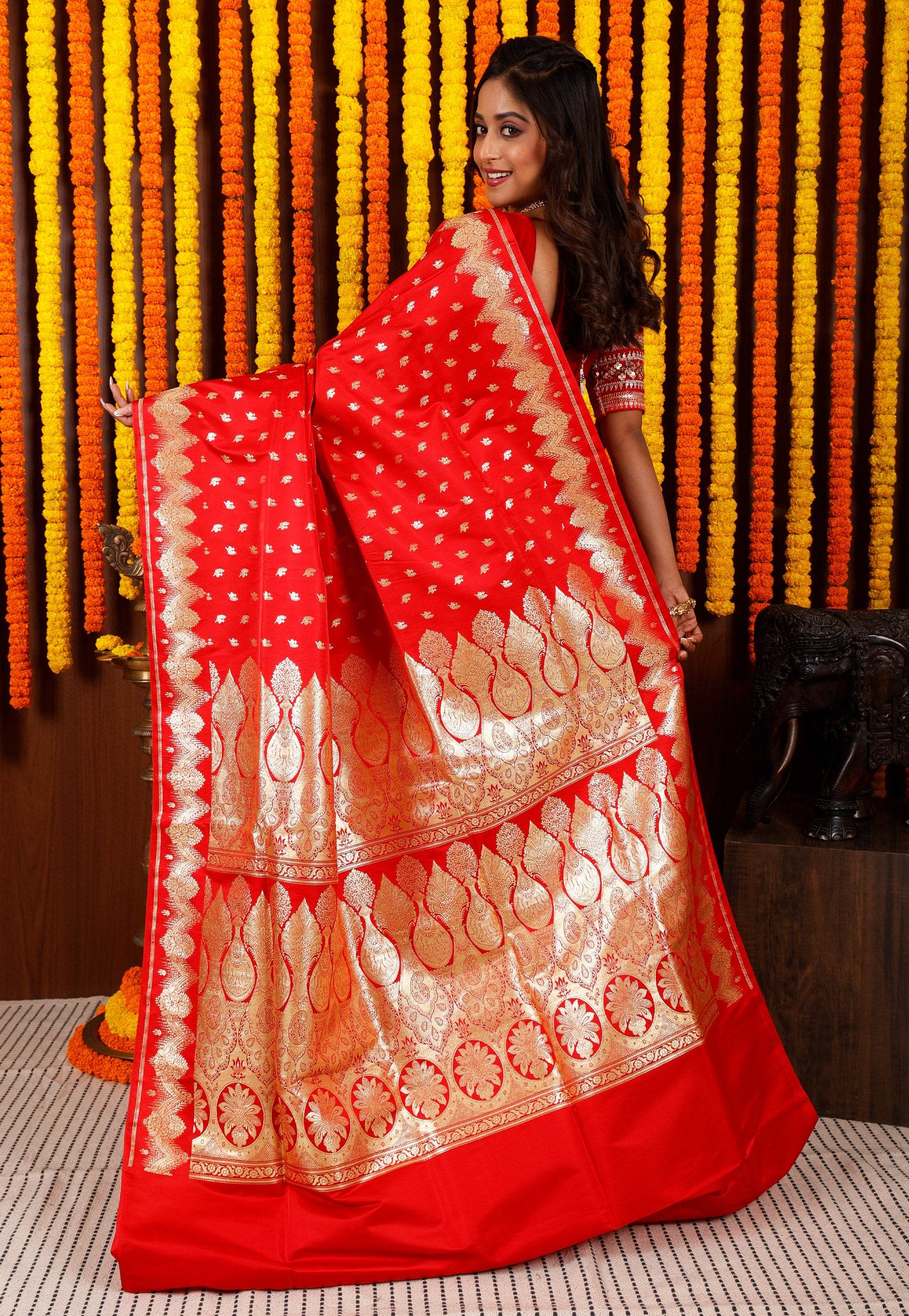 Red Wedding Banarasi Silk Saree with Blouse Piece - Adi Akshoy & Co.