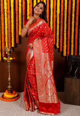 Red Wedding Banarasi Silk Saree with Blouse Piece - Adi Akshoy & Co.