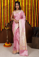 Pink Pastel Banarasi Silk Saree With Blouse Piece - Adi Akshoy & Co.