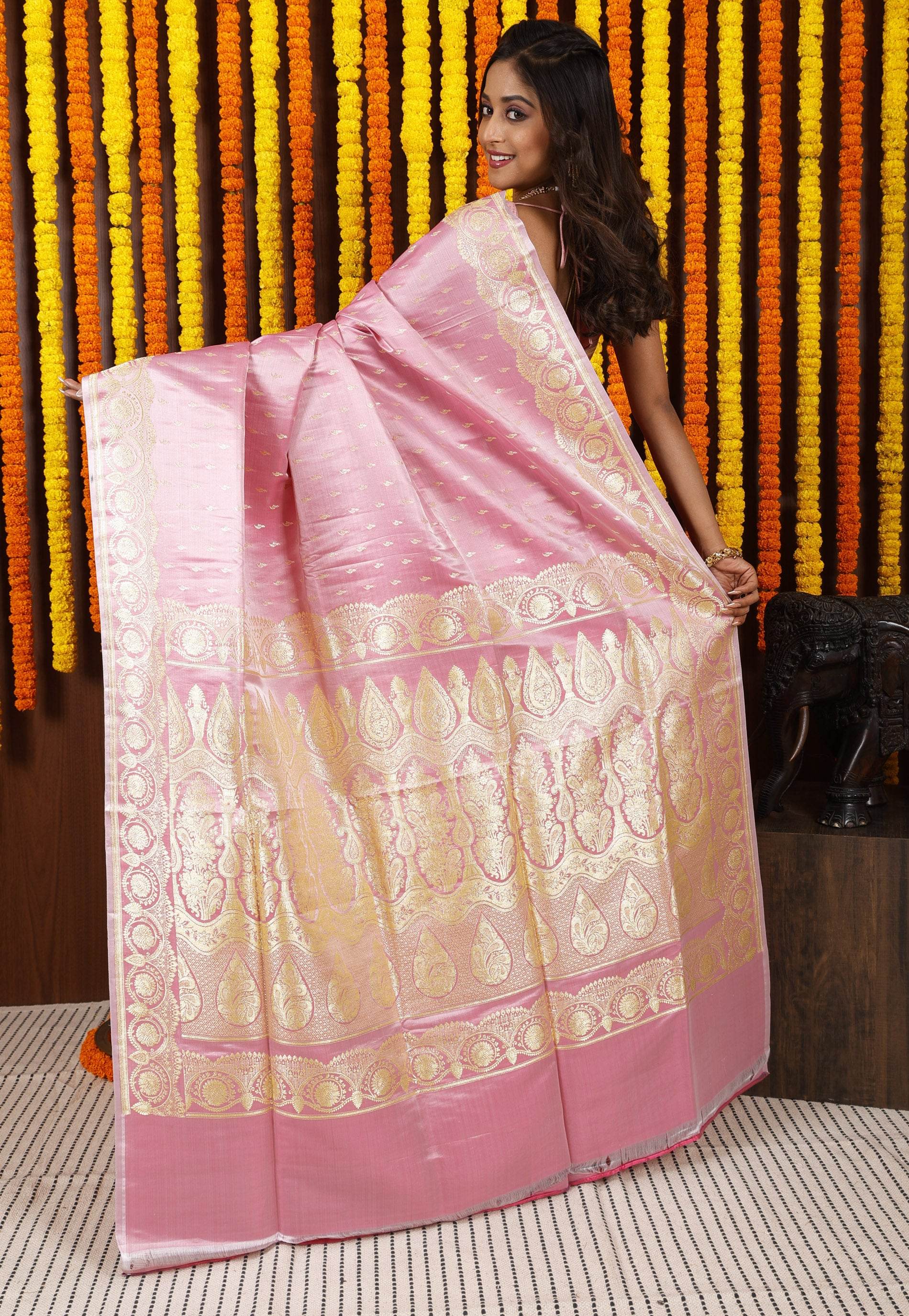 Pink Pastel Banarasi Silk Saree With Blouse Piece - Adi Akshoy & Co.