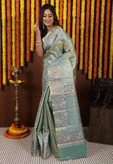 Sea Green Brocade Tissue Kanjivaram Silk Saree With Blouse Piece - Adi Akshoy & Co.