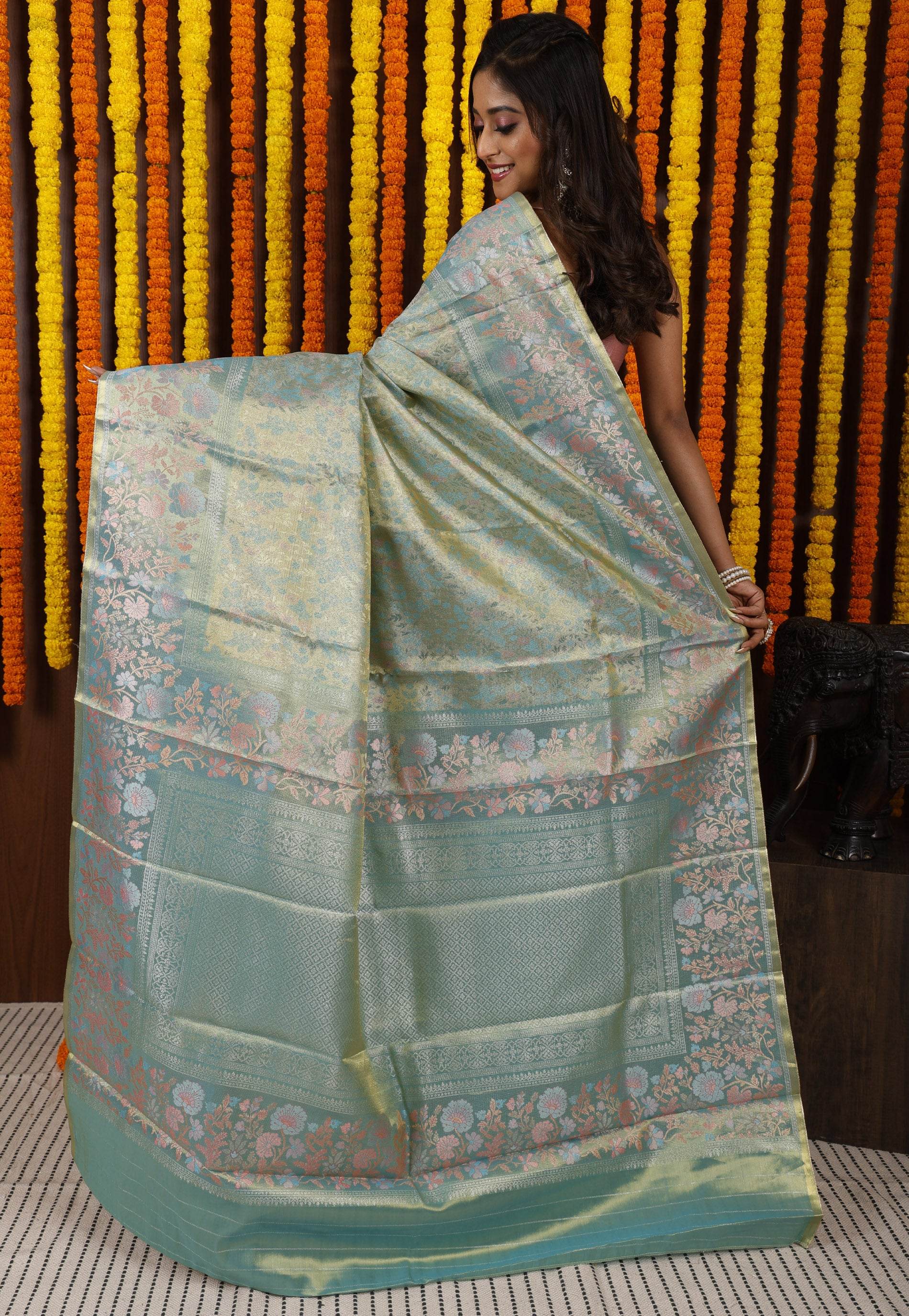 Sea Green Brocade Tissue Kanjivaram Silk Saree With Blouse Piece - Adi Akshoy & Co.