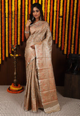 Matt Golden Brocade Tissue Kanjivaram Silk Saree With Blouse Piece - Adi Akshoy & Co.