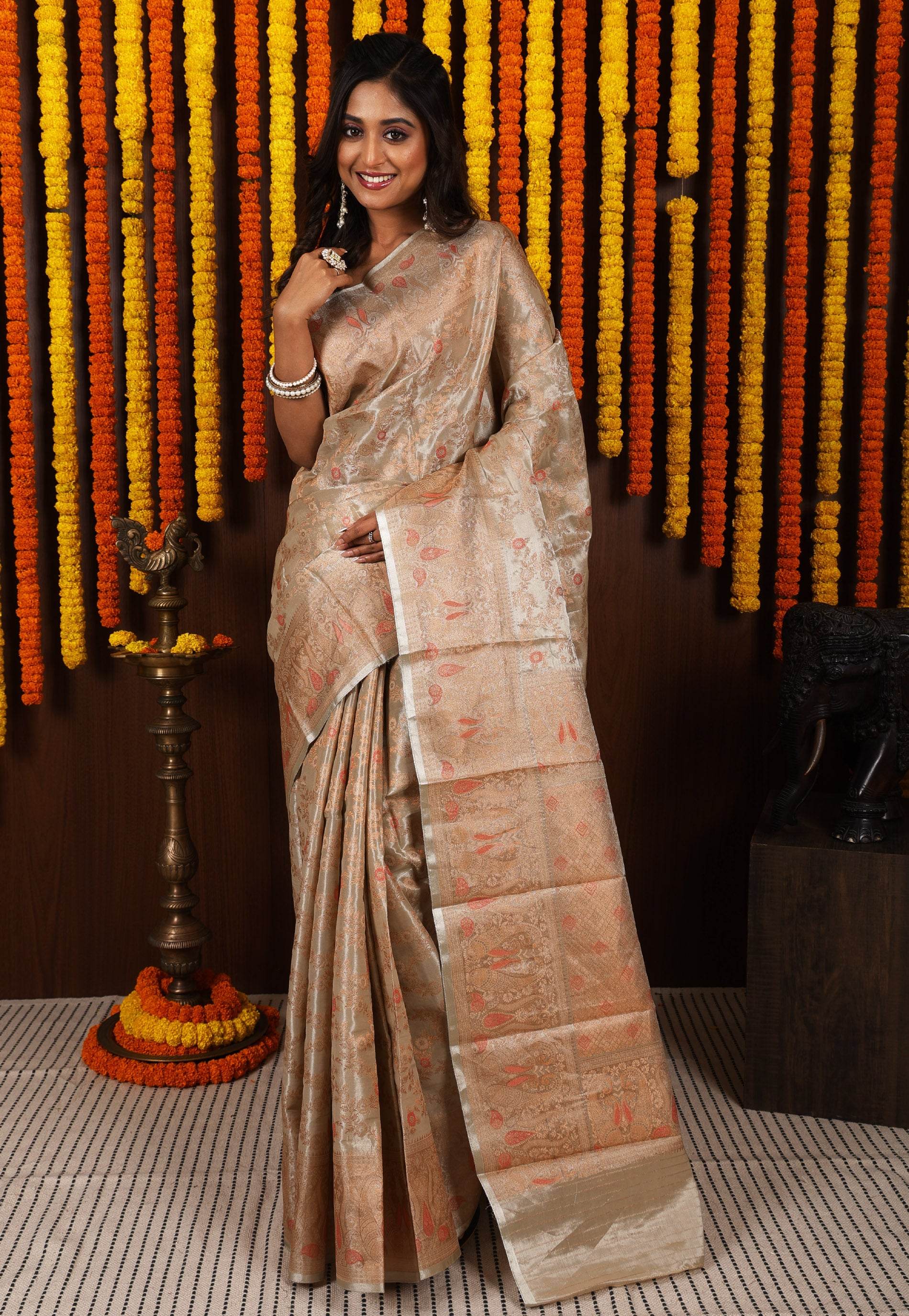 Matt Golden Brocade Tissue Kanjivaram Silk Saree With Blouse Piece - Adi Akshoy & Co.