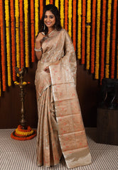Matt Golden Brocade Tissue Kanjivaram Silk Saree With Blouse Piece - Adi Akshoy & Co.