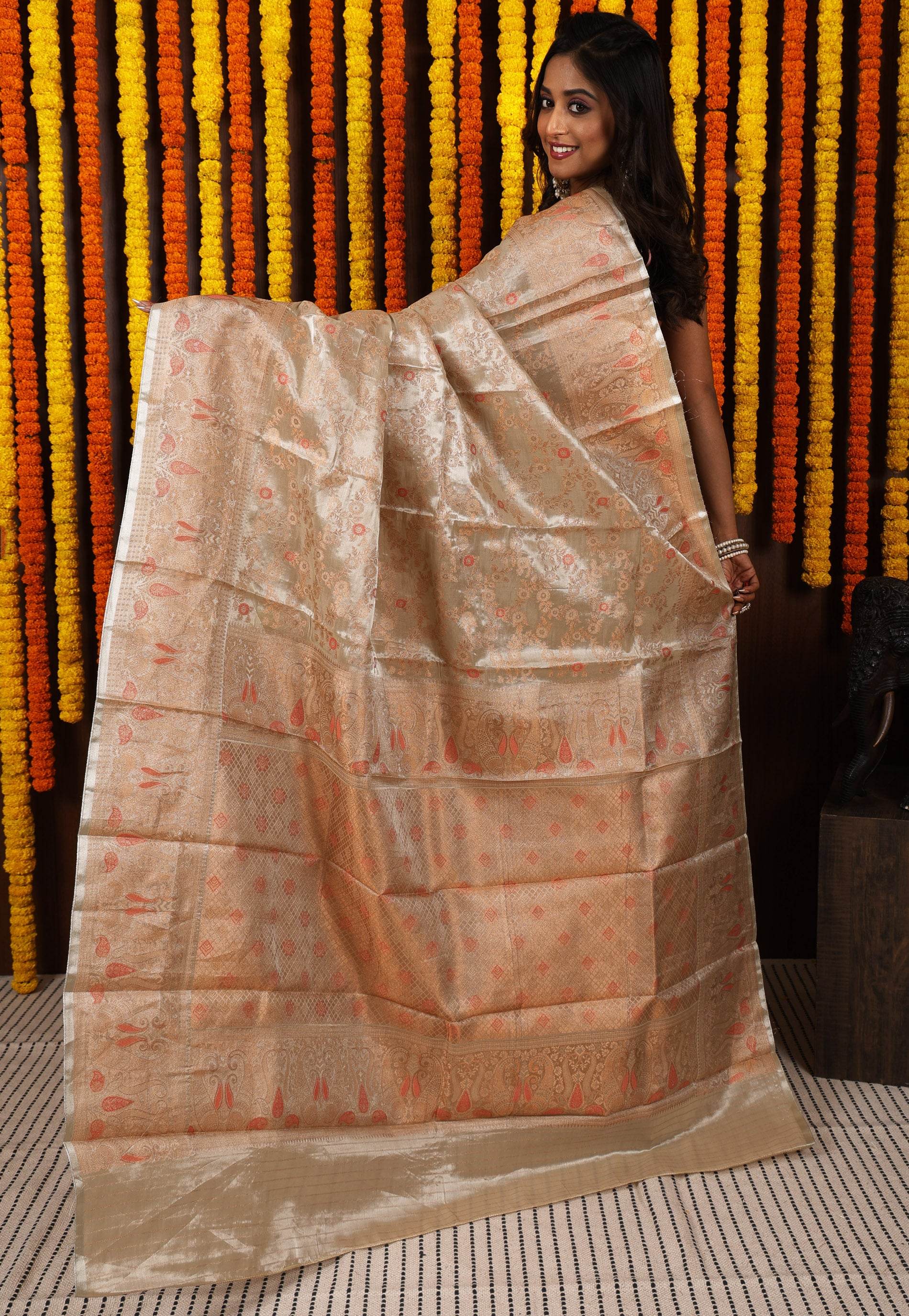 Matt Golden Brocade Tissue Kanjivaram Silk Saree With Blouse Piece - Adi Akshoy & Co.