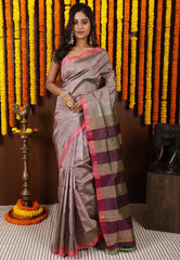 Grey Katan Pure Silk Saree With Blouse Piece - Adi Akshoy & Co.