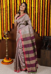 Grey Katan Pure Silk Saree With Blouse Piece - Adi Akshoy & Co.