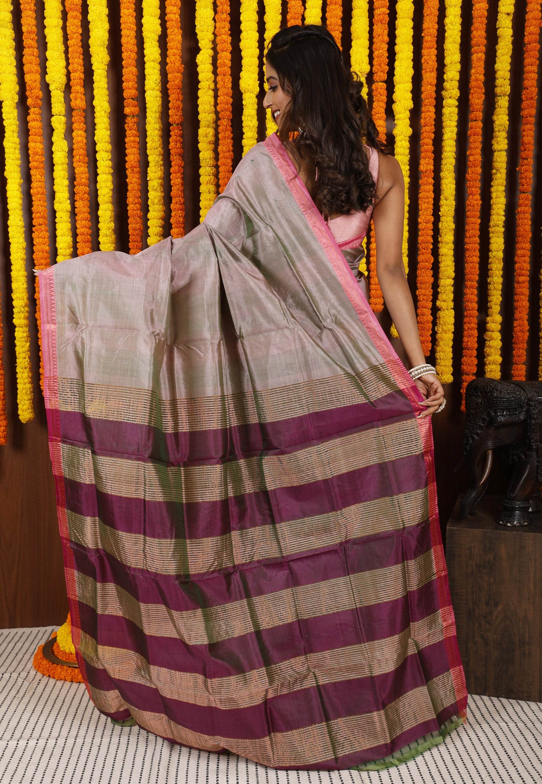 Grey Katan Pure Silk Saree With Blouse Piece - Adi Akshoy & Co.