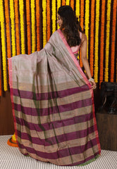 Grey Katan Pure Silk Saree With Blouse Piece - Adi Akshoy & Co.