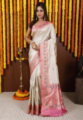 Ivory Minakari with Onion Pink Border Kadwa Katan Pure Silk Saree With Blouse Piece - Adi Akshoy & Co.