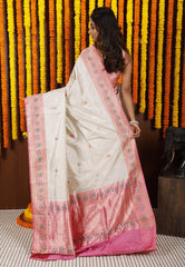 Ivory Minakari with Onion Pink Border Kadwa Katan Pure Silk Saree With Blouse Piece - Adi Akshoy & Co.