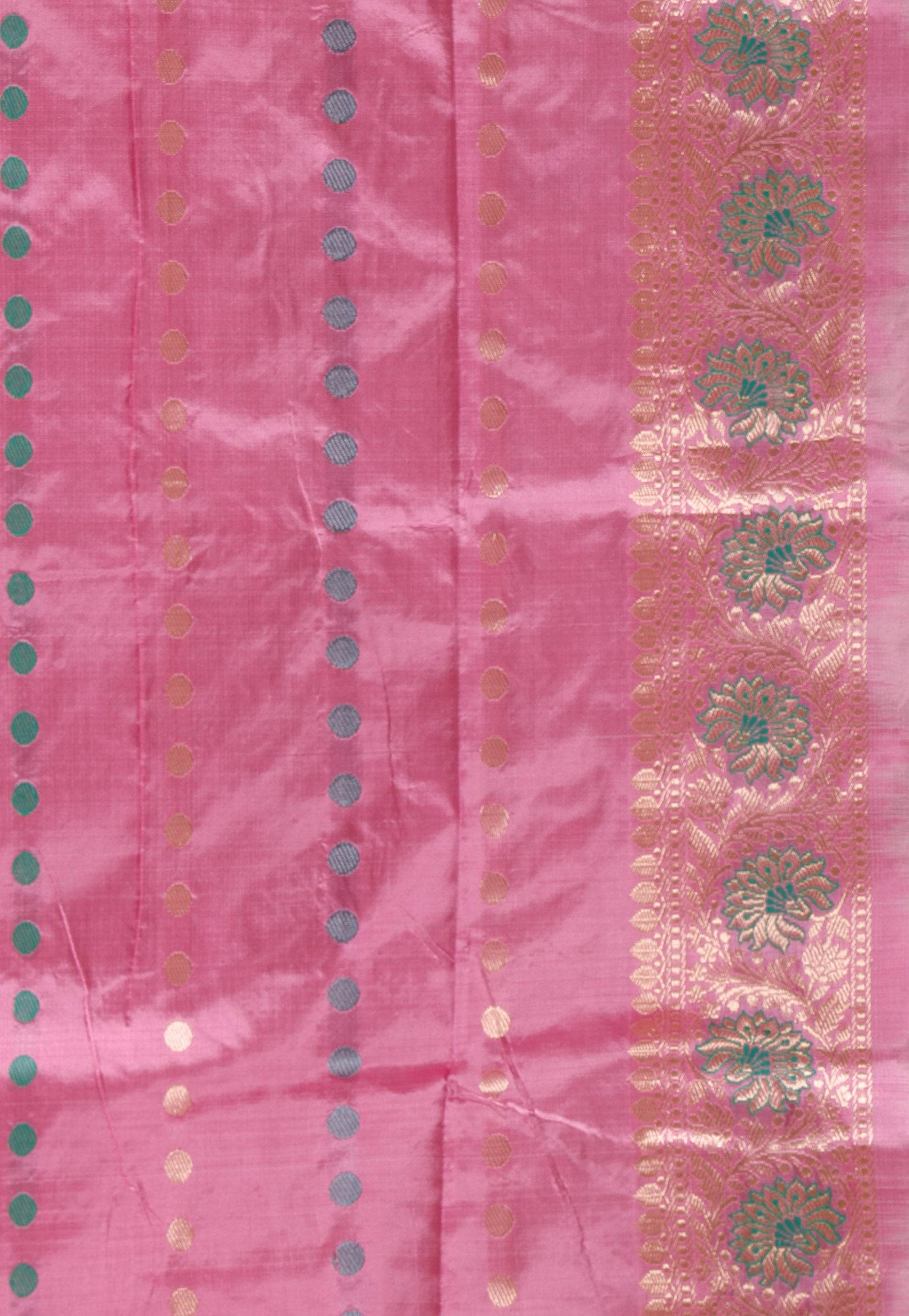 Ivory Minakari with Onion Pink Border Kadwa Katan Pure Silk Saree With Blouse Piece - Adi Akshoy & Co.